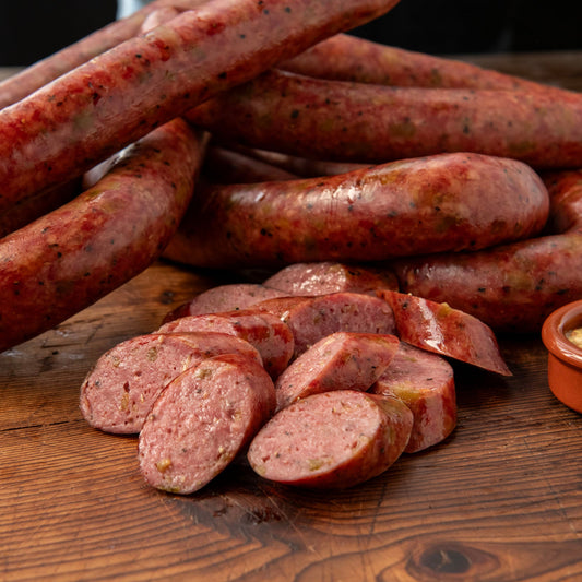 Beef Sausage with Green Chile, Mesquite Smoked (3) 1 lb packages